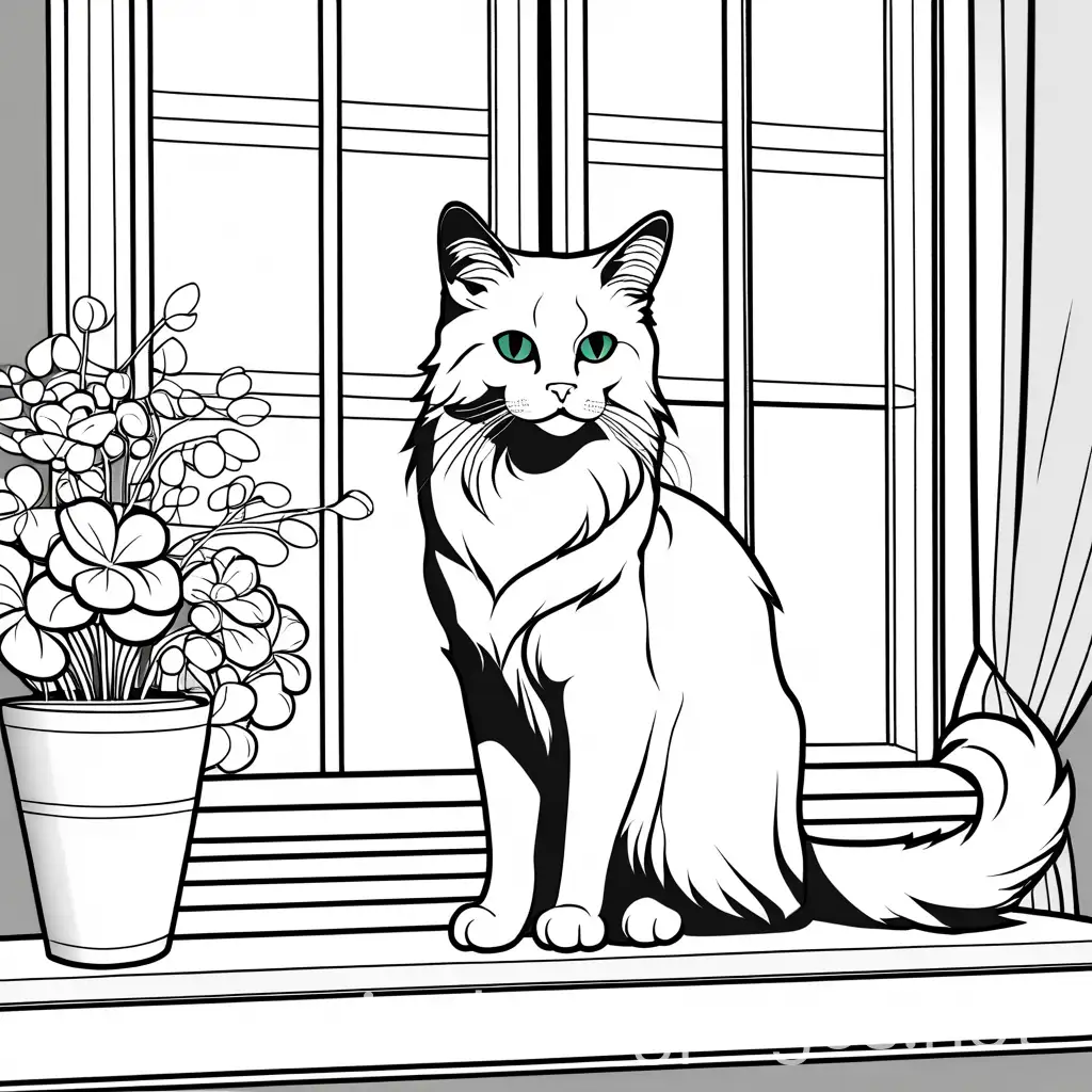 Anime-Style-Line-Art-Coloring-Page-of-a-Birman-Cat-on-a-Windowsill