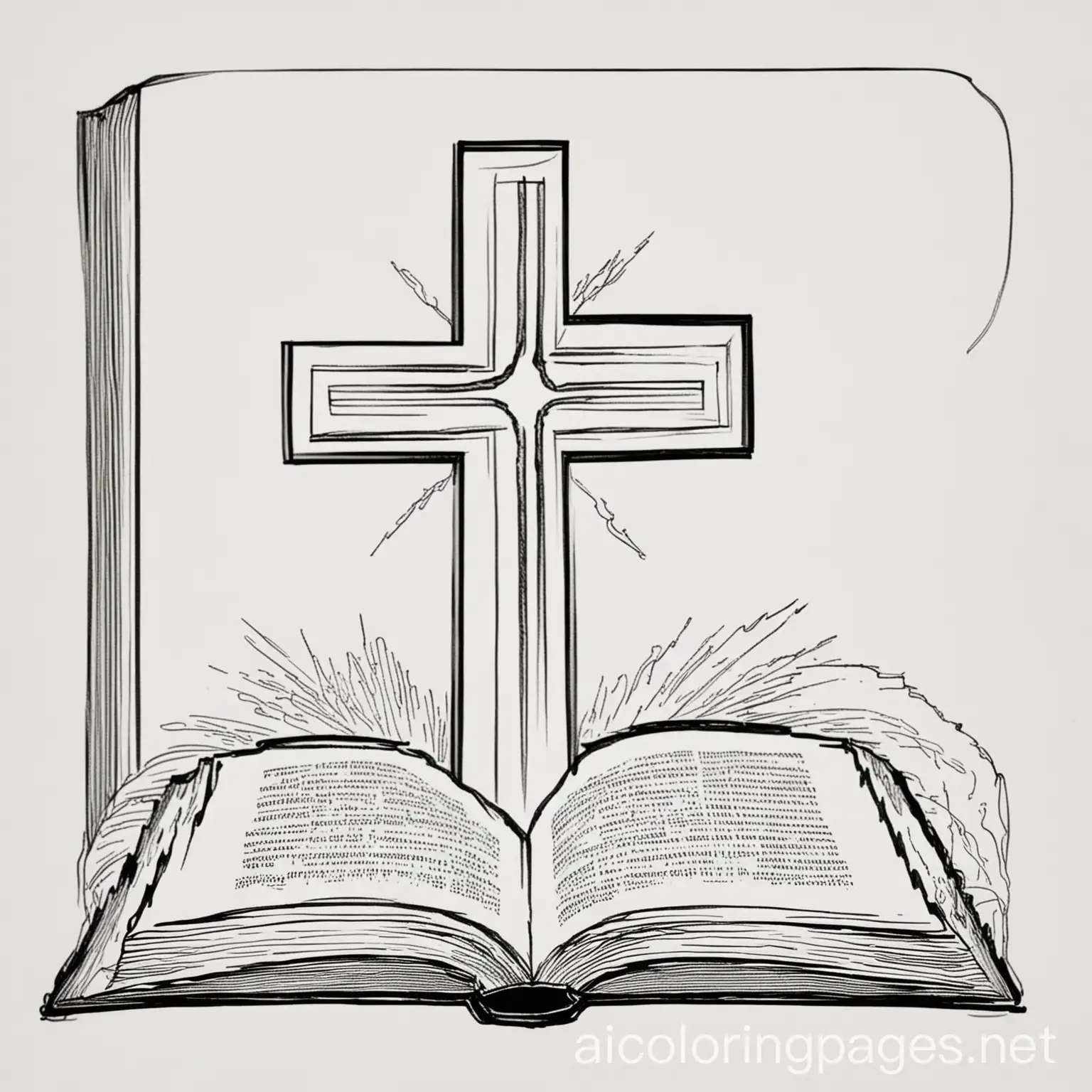 a cross and bible, Coloring Page, black and white, line art, white background, Simplicity, Ample White Space. The background of the coloring page is plain white to make it easy for young children to color within the lines. The outlines of all the subjects are easy to distinguish, making it simple for kids to color without too much difficulty