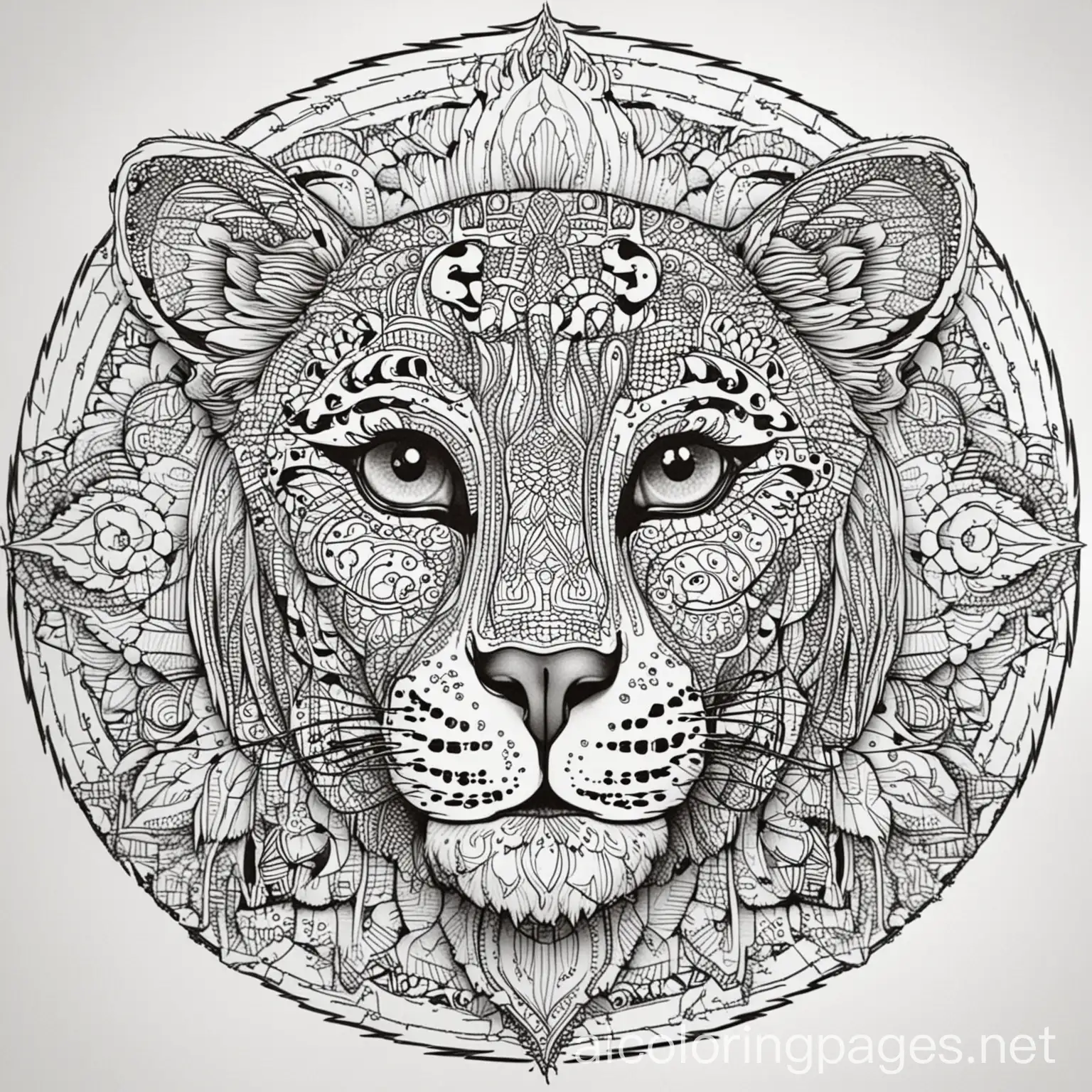 A Jaguar with vivid pattern inside of it, mandala design, coloring book photo, thick lines, no dots, just outline,, Coloring Page, black and white, line art, white background, vivid graphics, Mandela, Ample White Space. The background of the coloring page is plain white to make it hard for seniors to color within the lines. The outlines of all the subjects are easy to distinguish, making much difficulty., Coloring Page, black and white, line art, white background, Simplicity, Ample White Space. The background of the coloring page is plain white to make it easy for young children to color within the lines. The outlines of all the subjects are easy to distinguish, making it simple for kids to color without too much difficulty