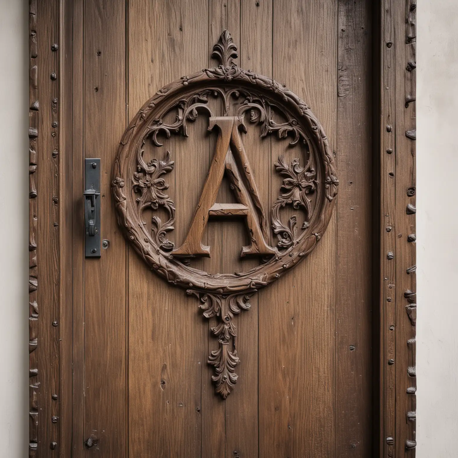 Feminine Wooden Letter A on Castle Door Against Dark Wood on White Background