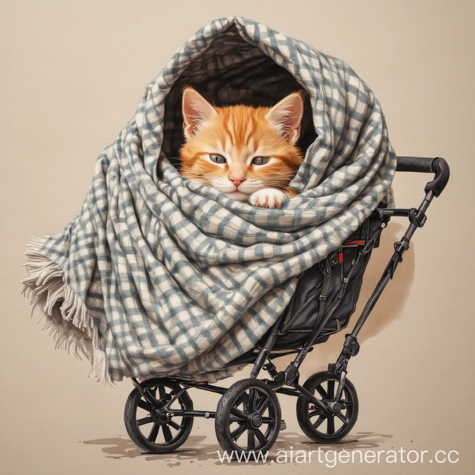 Sleeping-Kitten-in-Stroller-with-Blanket