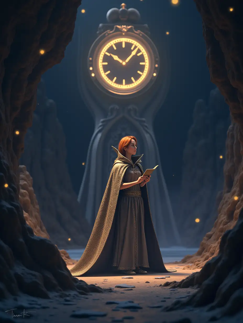 Lina encounters a mysterious being, the Guardian of Time, a figure wrapped in a shiny cape. He explains that the clock is a powerful relic that allows time travel, but warns that each trip has consequences.