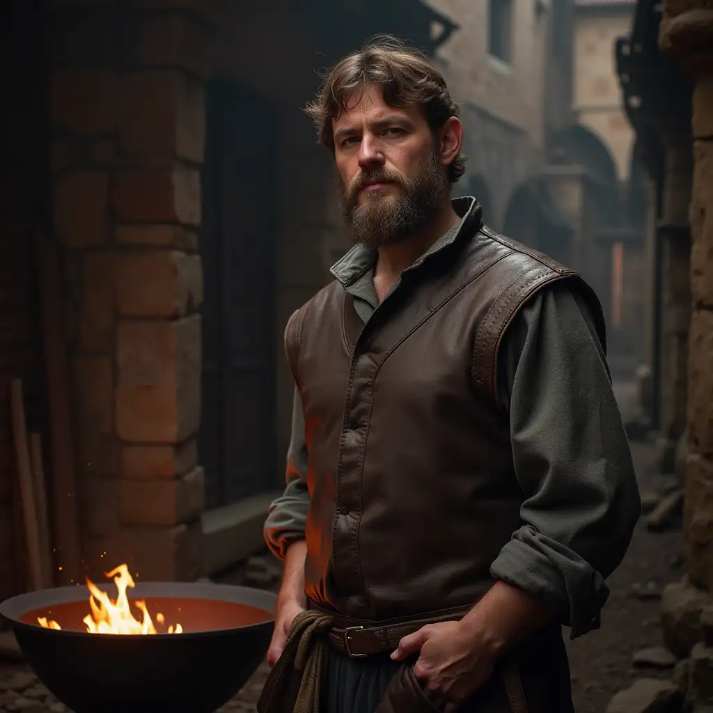 blacksmith in the city in the Middle Ages stands against the background of a brazier, photo portrait