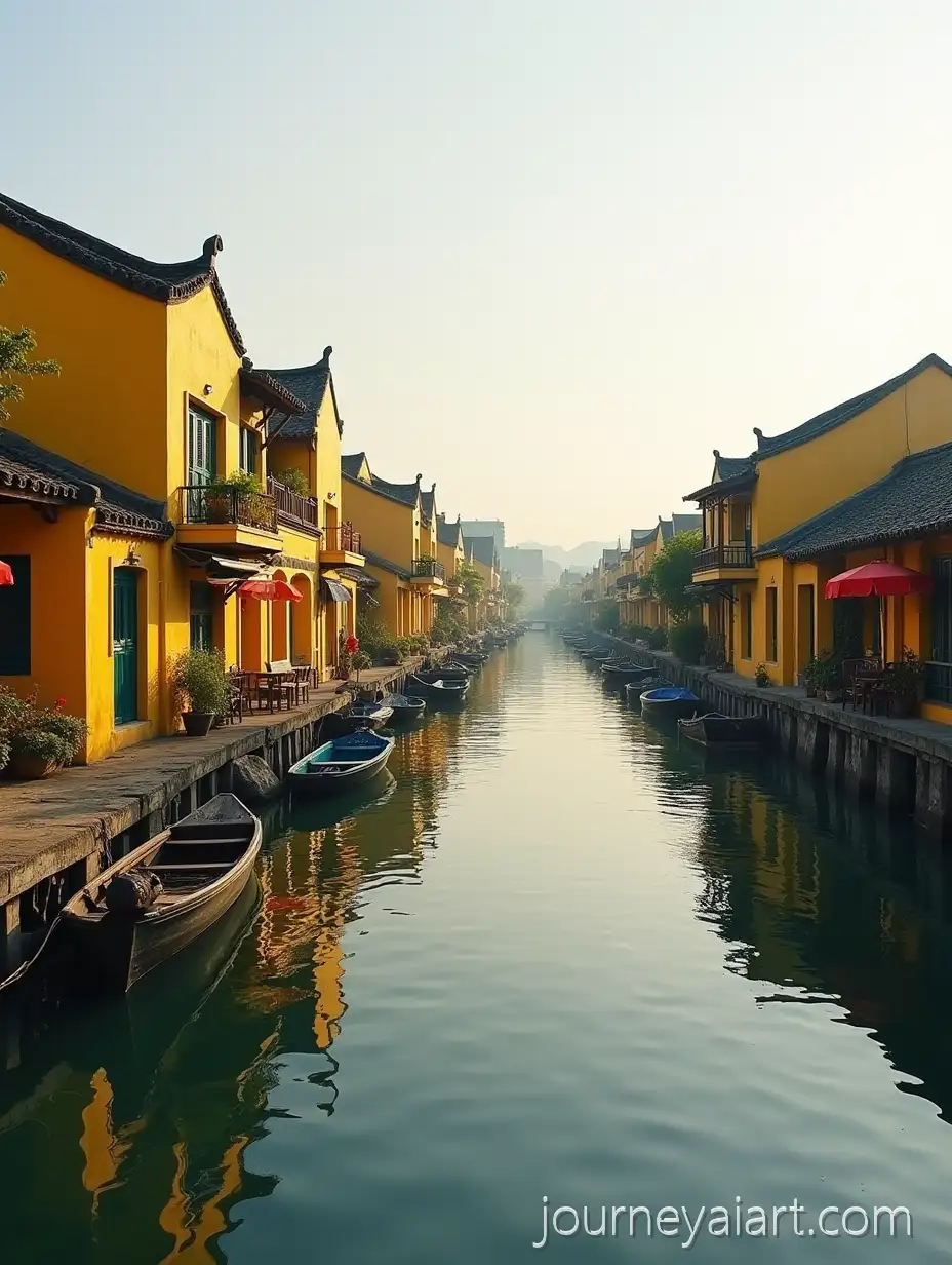 Serene-Vietnamese-Local-Architecture-with-MustardYellowAI-Art-Prompt-Expansion-Buildings-and-Boats-on-a-Peaceful-Afternoon