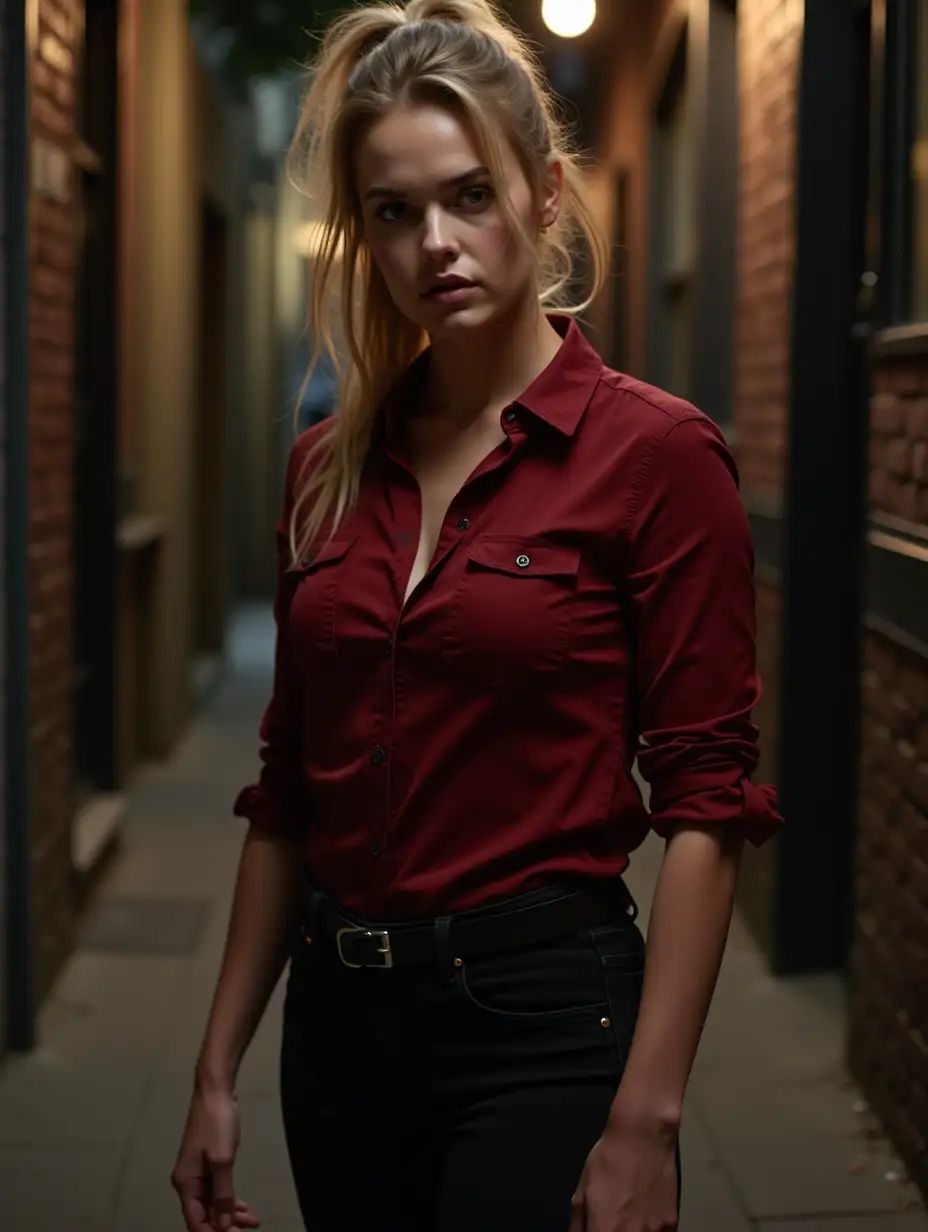 Teagan-Croft-in-Dark-BloodRed-Shirt-and-Combat-Boots-in-Alley-at-Night