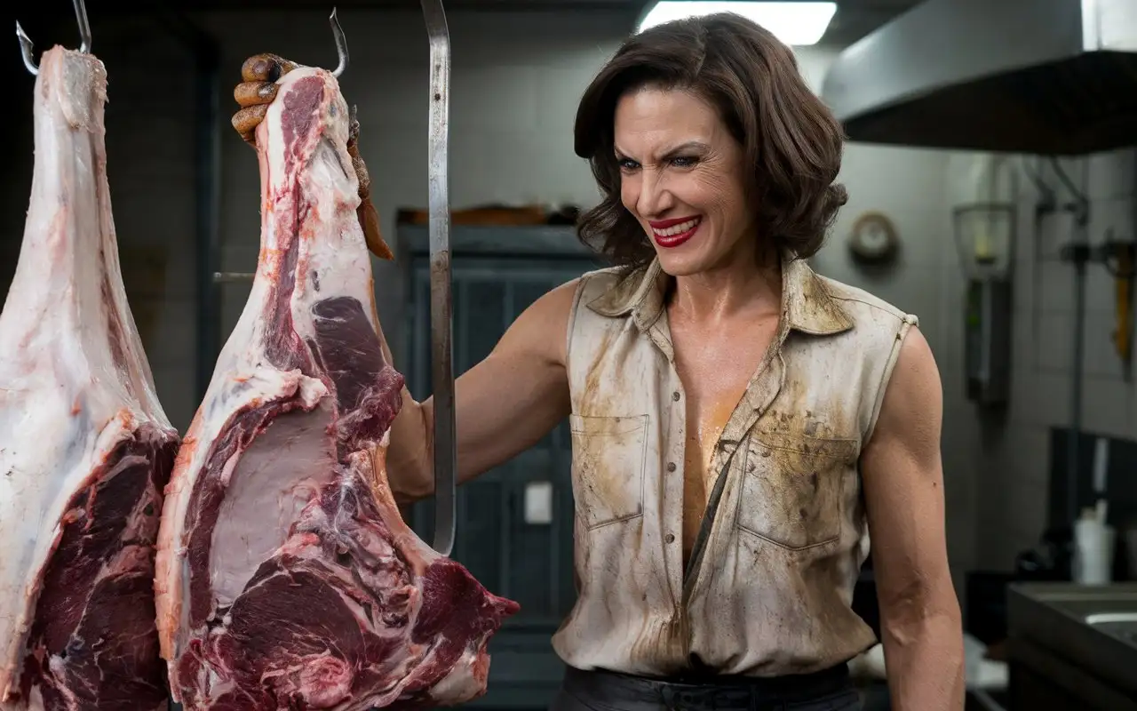 Seductive-Woman-Cutting-Carcass-with-Butchers-Knife-in-Grimy-Outfit