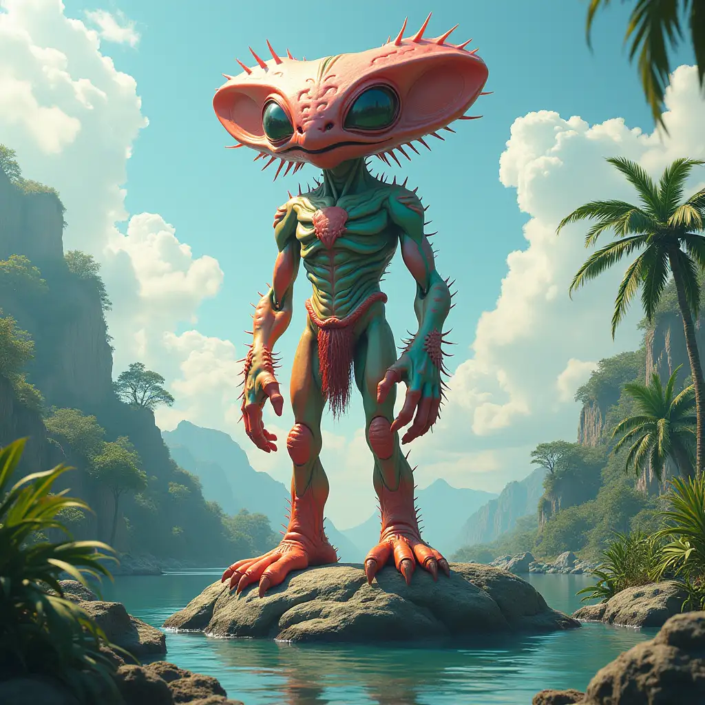 extraterrestrial creature 3 meters tall, colorful on a rock, large plants, water, clouds, trees