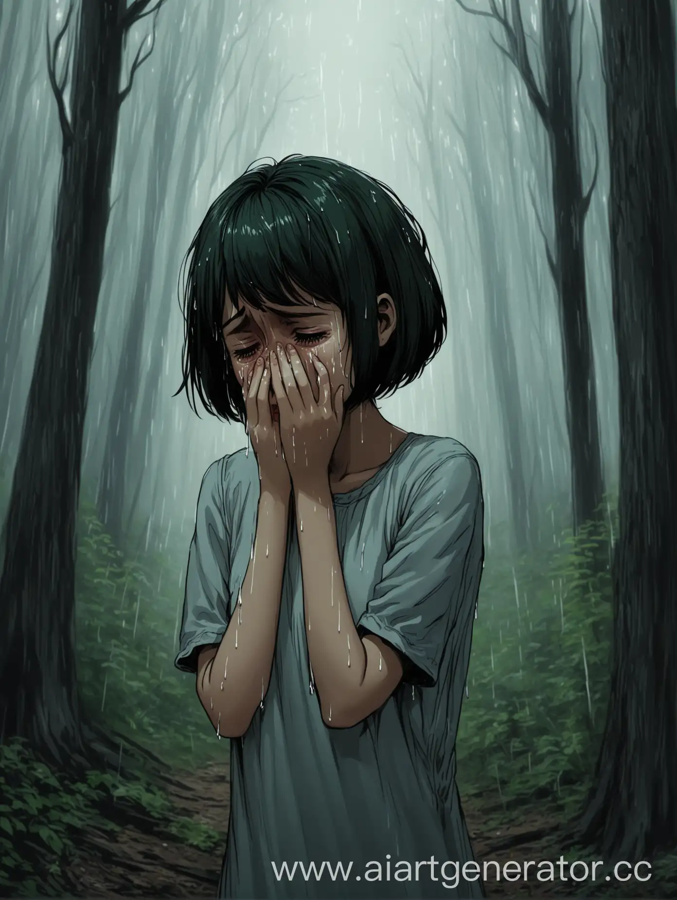 Lonely-Girl-with-Short-Hair-Weeping-in-the-Forest