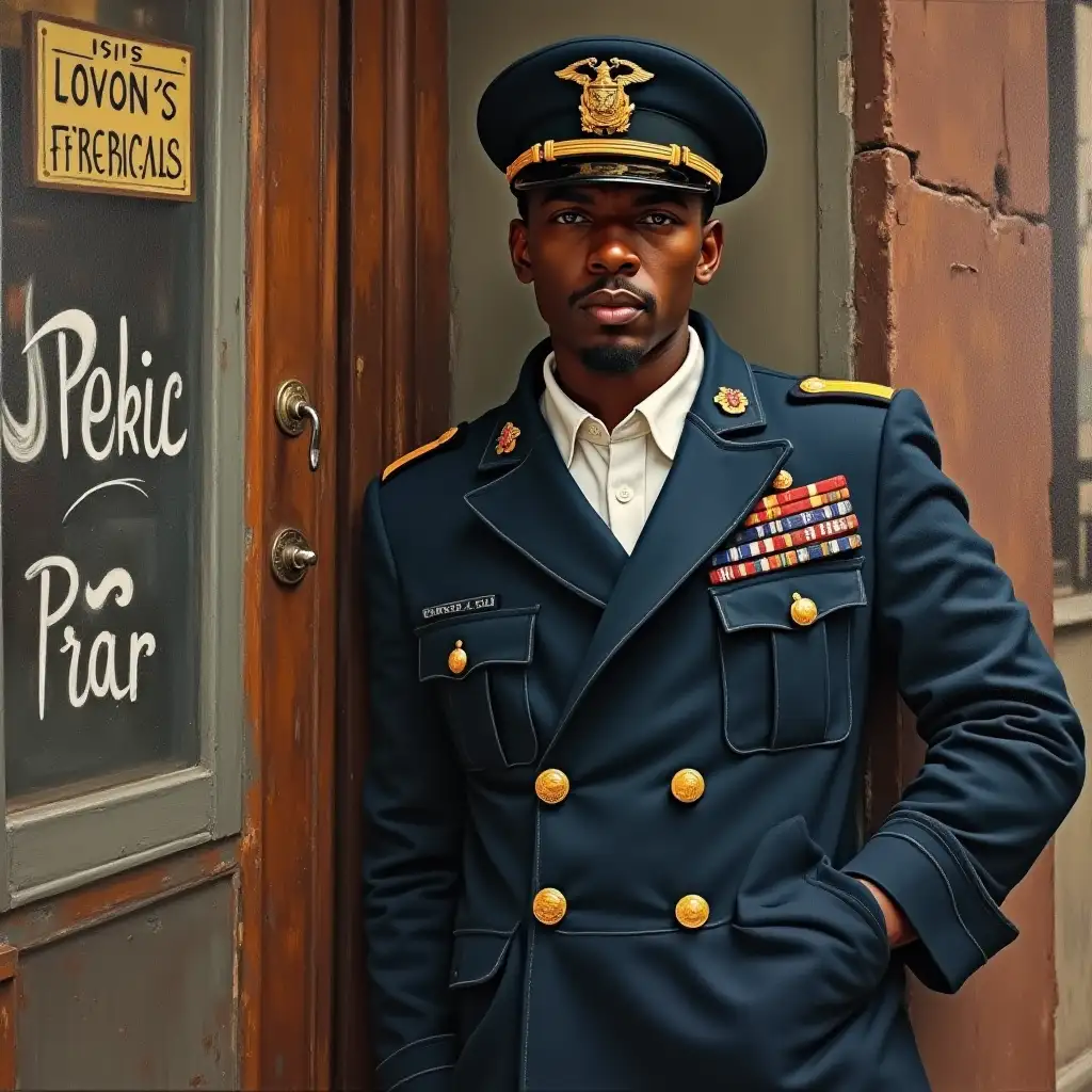 Create an oil painting portrait renaissance style of an African American man in full navy uniform  in 1950s leaning against the wall of a street corner bar