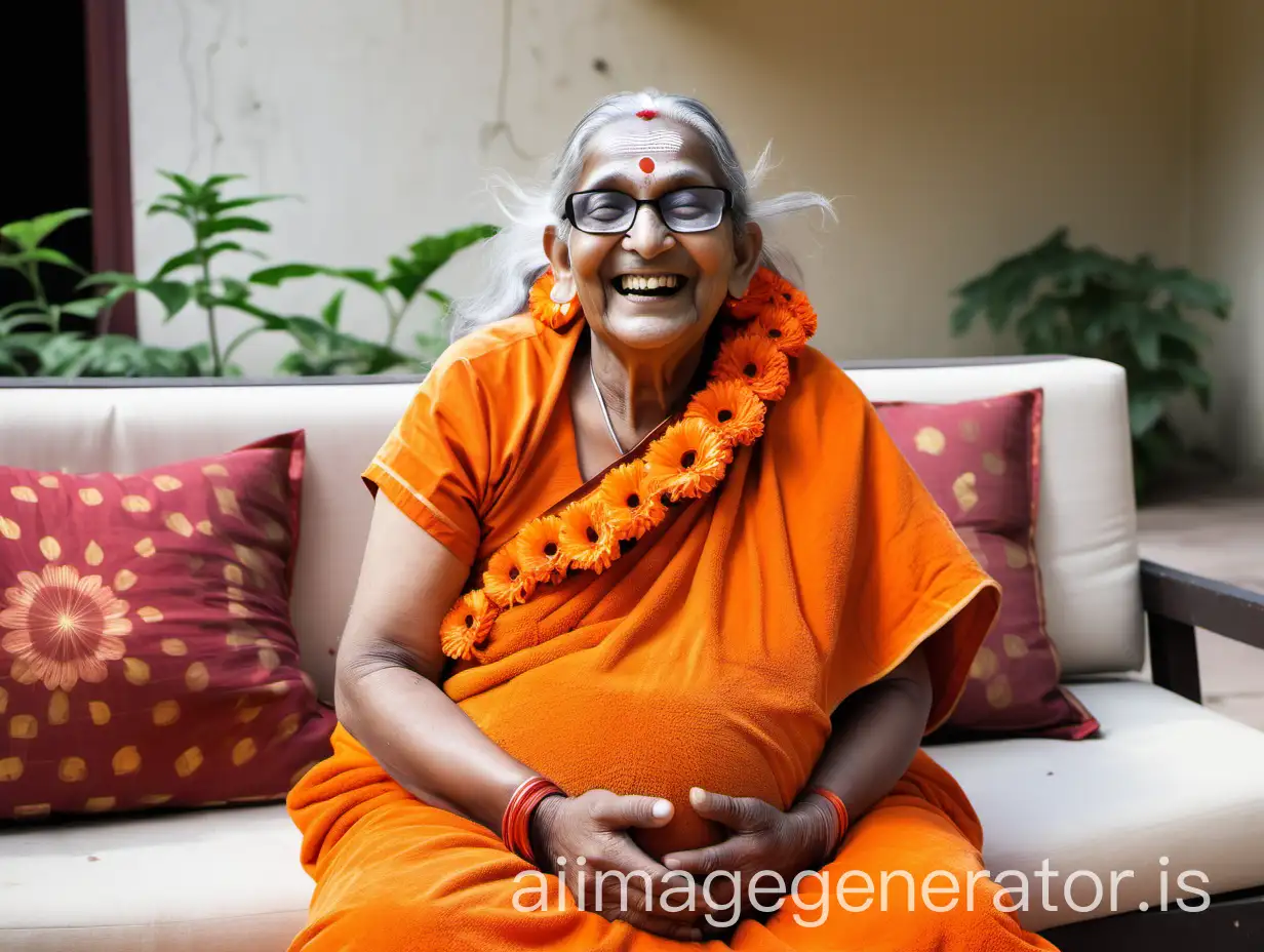 Elderly-Hindu-Monk-Laughing-with-Gifts-and-Goat-in-Ashram-Courtyard