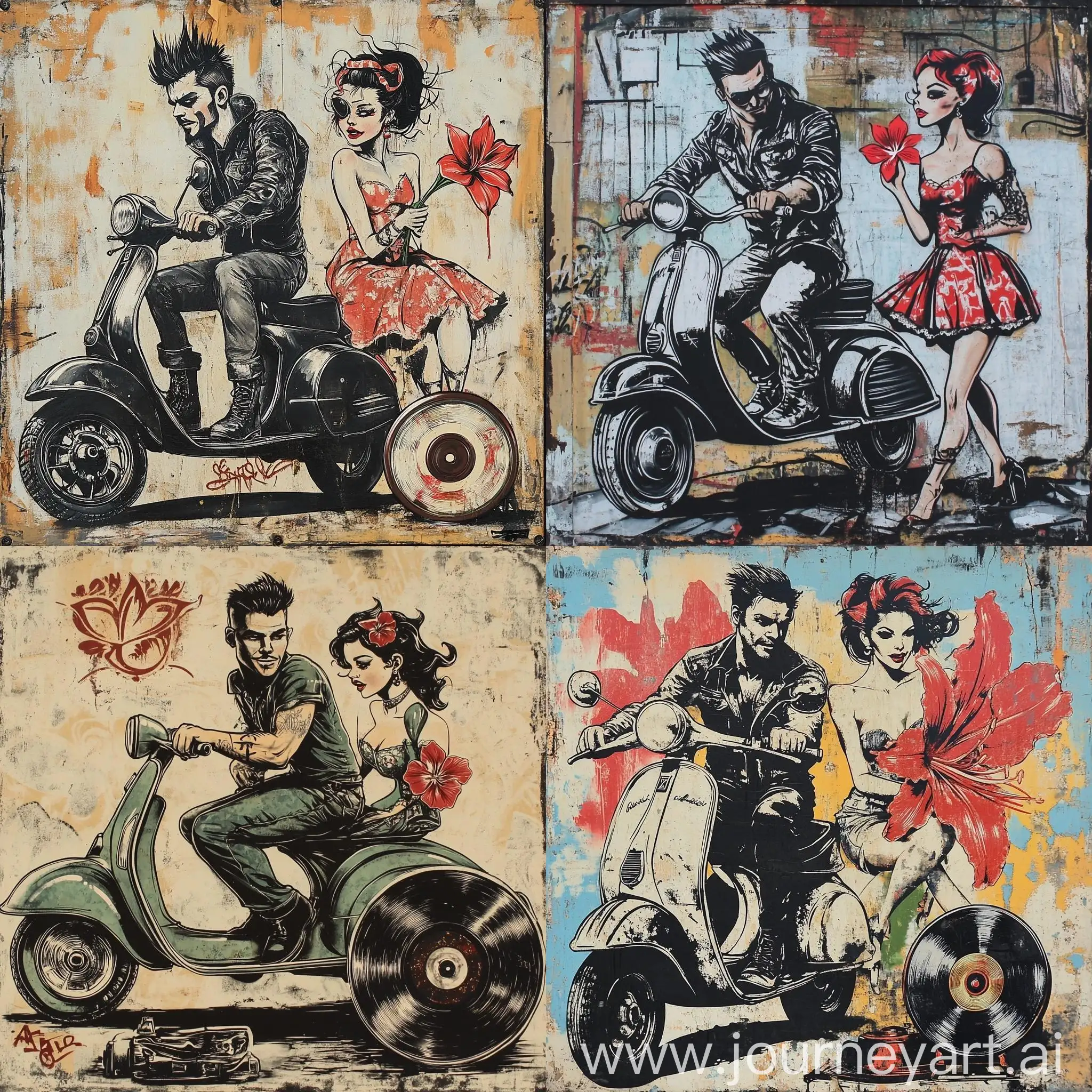 Graffiti-Art-Punk-Guy-on-Vespa-with-PinUp-Girl-and-Amaryllis-Flower