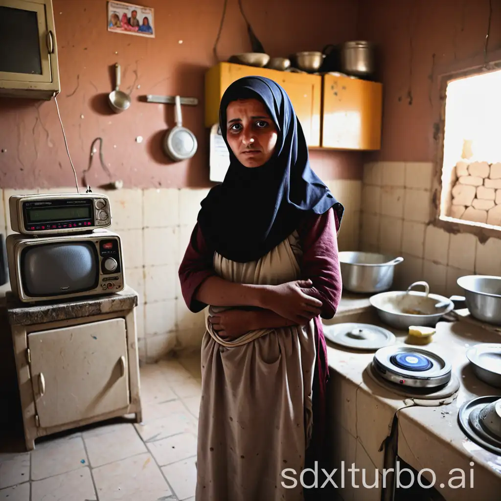 Yemeni-Mother-in-Traditional-Kitchen-with-Radio-Portraying-Poverty