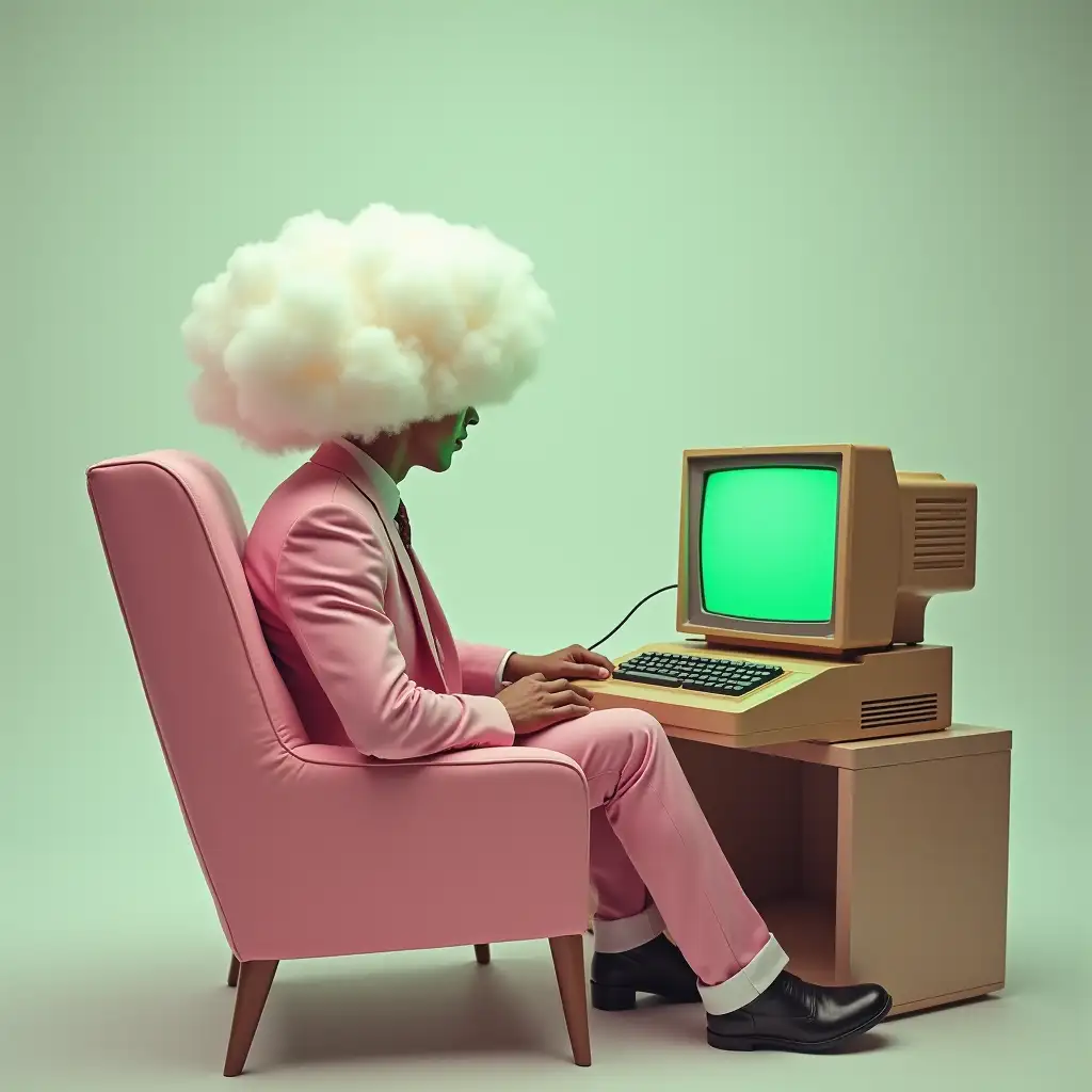 Surreal-Man-in-Pink-Suit-with-Cloud-Head-Using-Vintage-Computer-in-Soft-Pastel-Setting