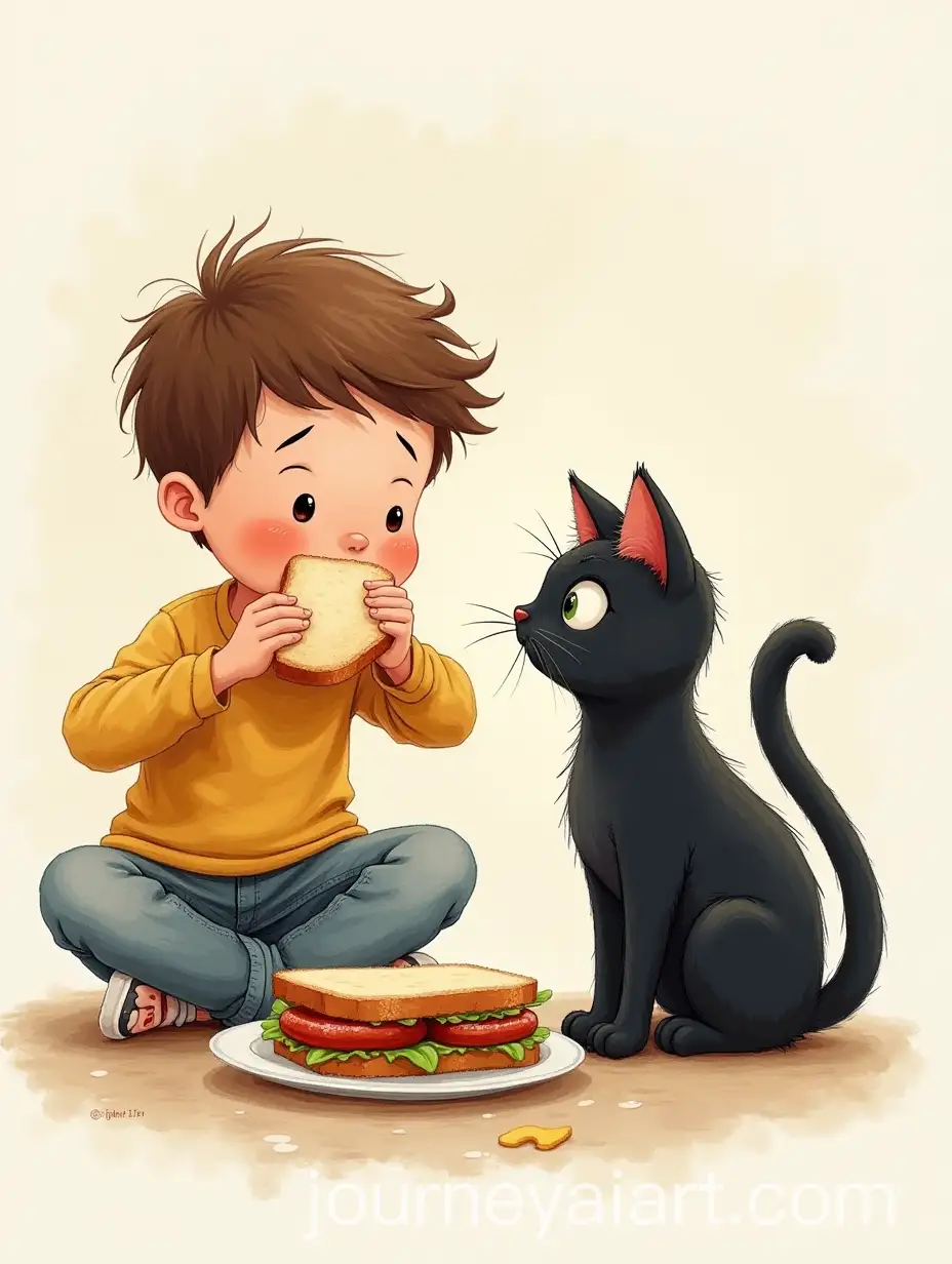 FiveYearOld-Boy-Eating-Sausage-Sandwich-with-Envious-Black-Cat