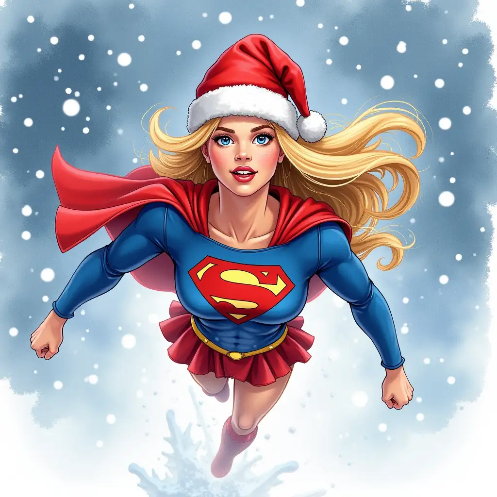 Supergirl adult from dc comics wearing a Santa hat flying through the snow at Christmas in watercolour style