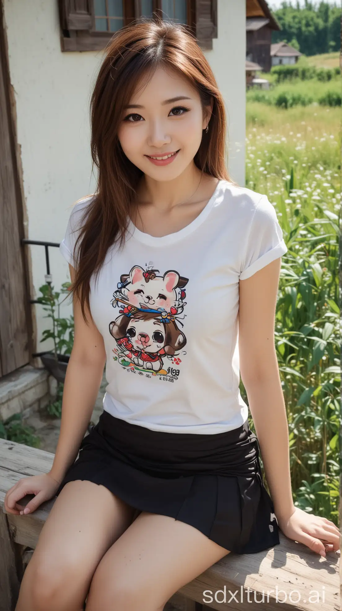 Beautiful-Chinese-Woman-in-Cute-Pose-on-European-Prairie-Near-Rural-House