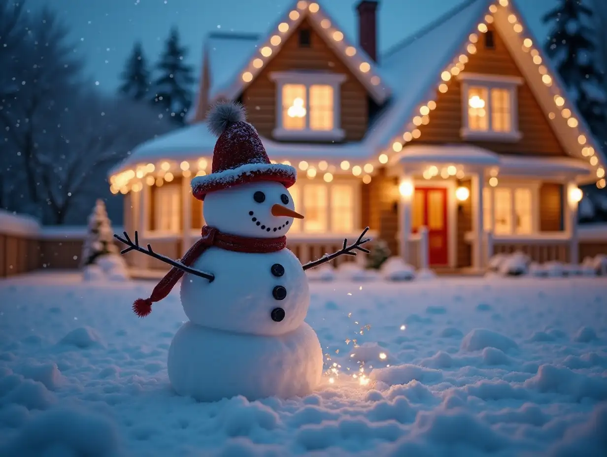 Building-a-Snowman-in-Front-of-a-Beautifully-Decorated-Home