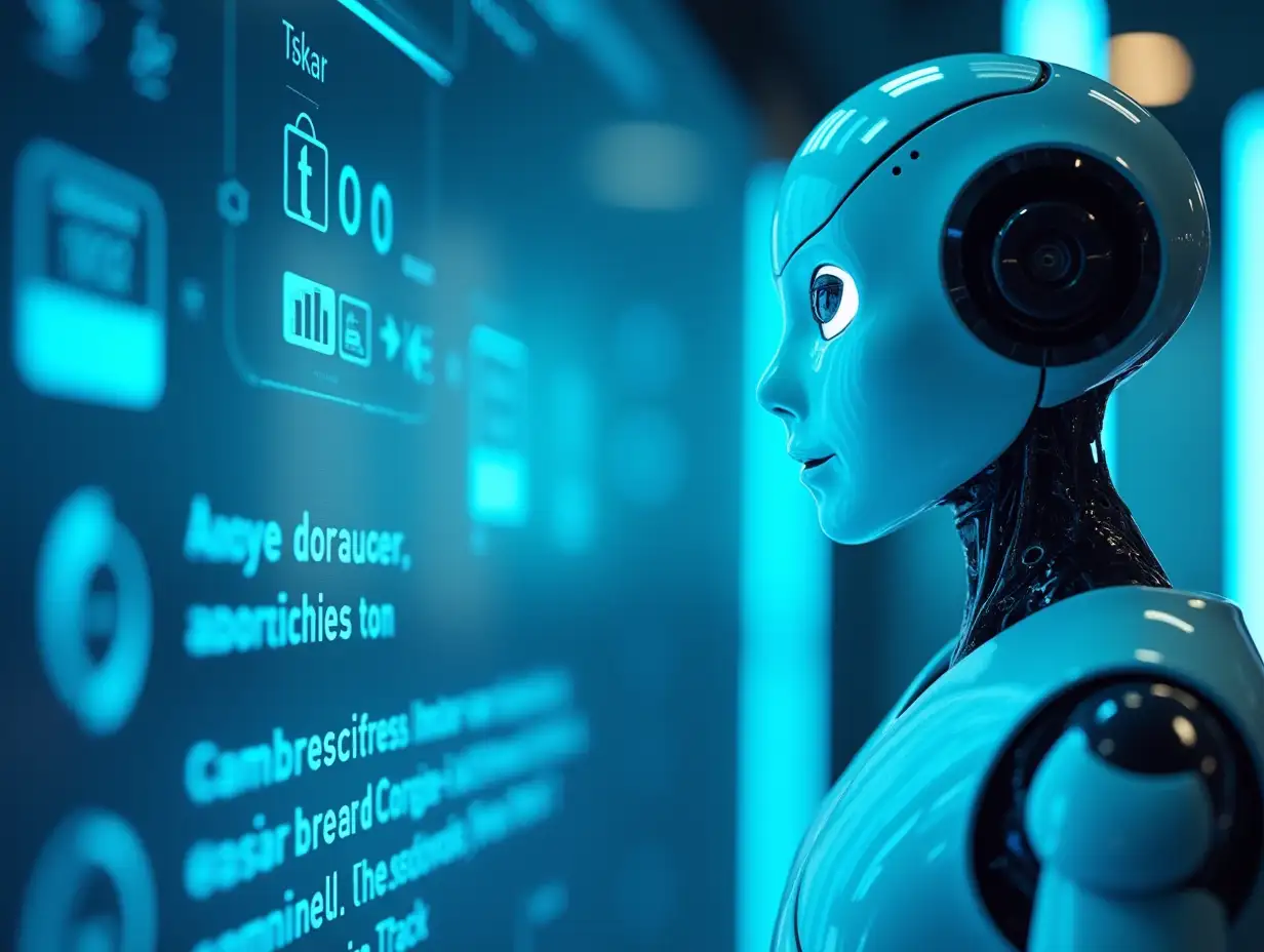 Close-up of a sleek, futuristic AI-powered robot in a modern office environment, with glowing blue accents. The robot is interacting with a user, offering a solution to a complex problem on a large digital screen. The background features a simple, techy design with clean lines and light blue tones. The robot’s face has expressive, engaging eyes, and it looks helpful. Bright lighting and high contrast make the scene visually striking, with some empty space on the left or right side for adding text.