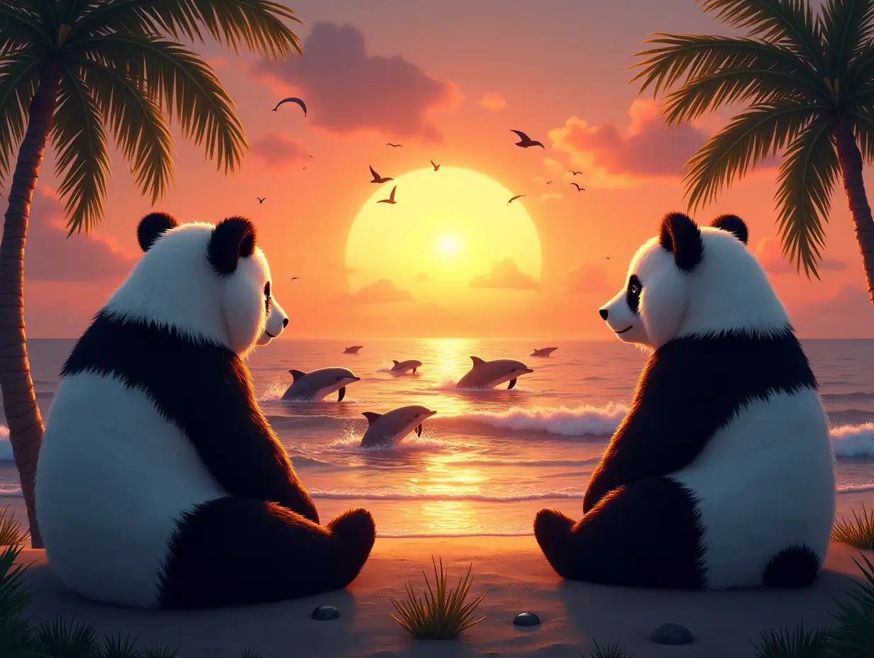 Realistic Pandabears sitting looking out to the sunset with palm trees ocean with dolphins swimming and jumping out of the water