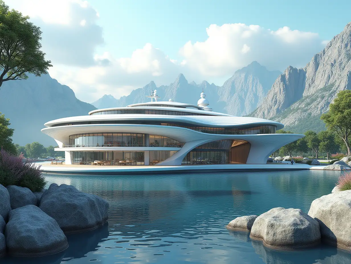 Create a high-resolution realistic image in 4k resolution a futuristic patterned building with curved pillars, mountains large trees, rocks flowers a futuristic very large yacht with glass window cloudy sky