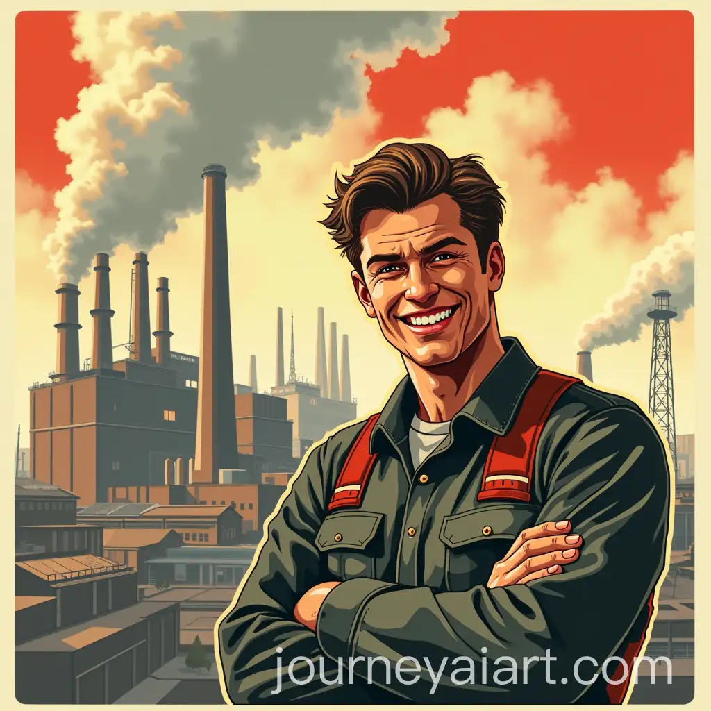 Soviet-Propaganda-Poster-Featuring-Happy-Factory-Worker-in-Industrial-Landscape