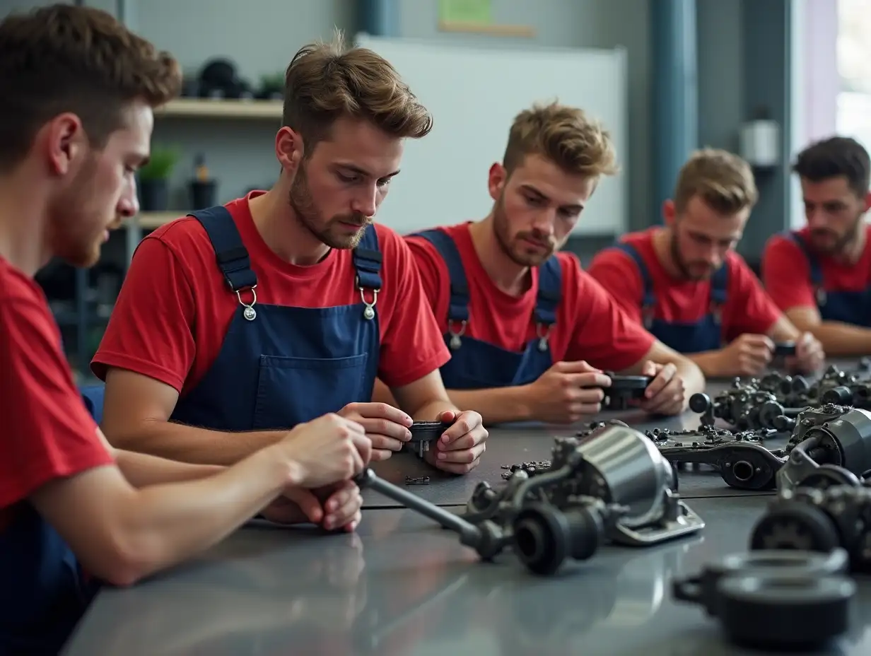 learning process about auto parts by a group of young white men in a classroom. they are holding car parts, sitting at a table. clothing for people: red t-shirt and blue work overalls