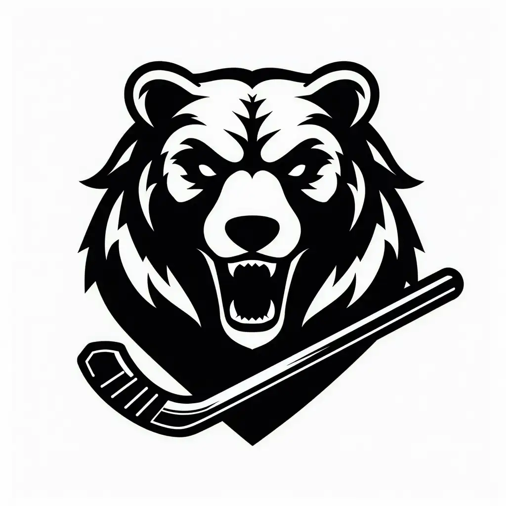 Black and white logo design of a bear with a hockey stick