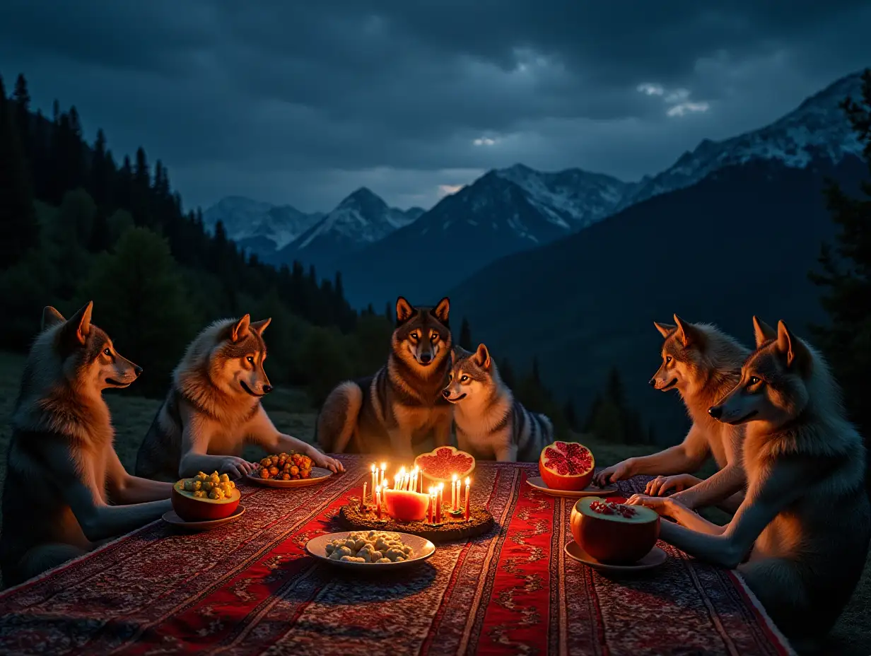 In Gorgestan behind the mountain, on a beautiful night, the wolves have gathered together to celebrate, Persian carpets are everywhere, the table is full of watermelons, pomegranates and nuts.