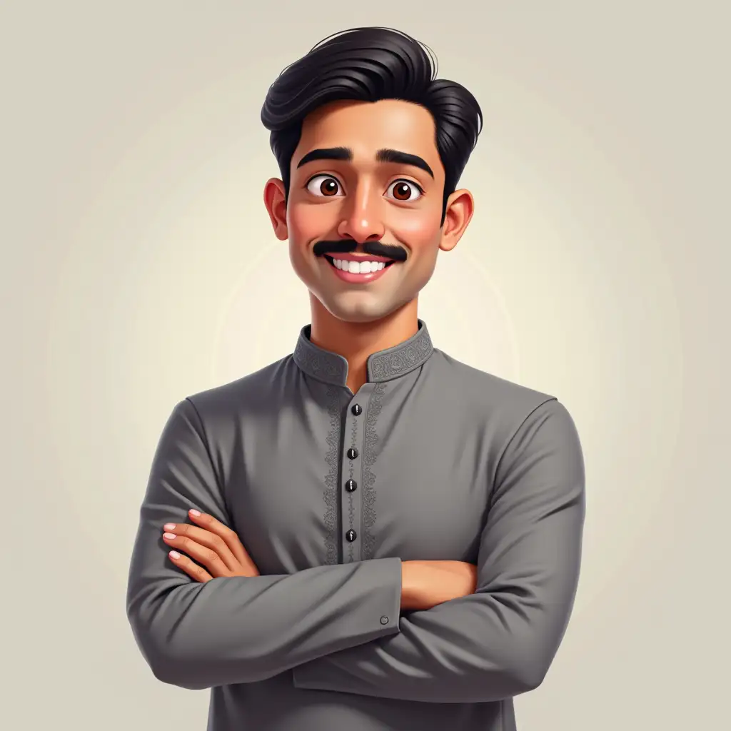 Create a digital avatar of a man with short dark hair, a light mustache, and medium skin tone. He is wearing a traditional grey kurta with intricate embroidery on the collar and placket. The avatar has a friendly and confident expression, with arms crossed. The background is simple and neutral, with soft lighting, emphasizing a professional yet approachable look. Use a semi-realistic, slightly cartoonish style suitable for profile images.