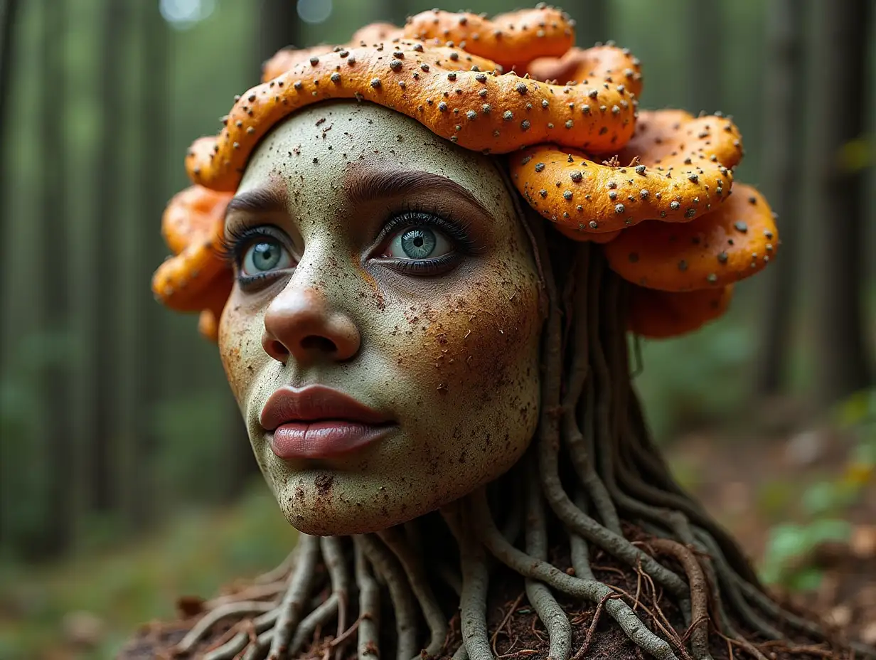 Face transformed into building with brown fly agaric roots
