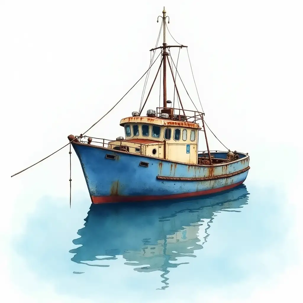 Weathered-Blue-and-Cream-Fishing-Boat-on-Calm-Water-in-Watercolor