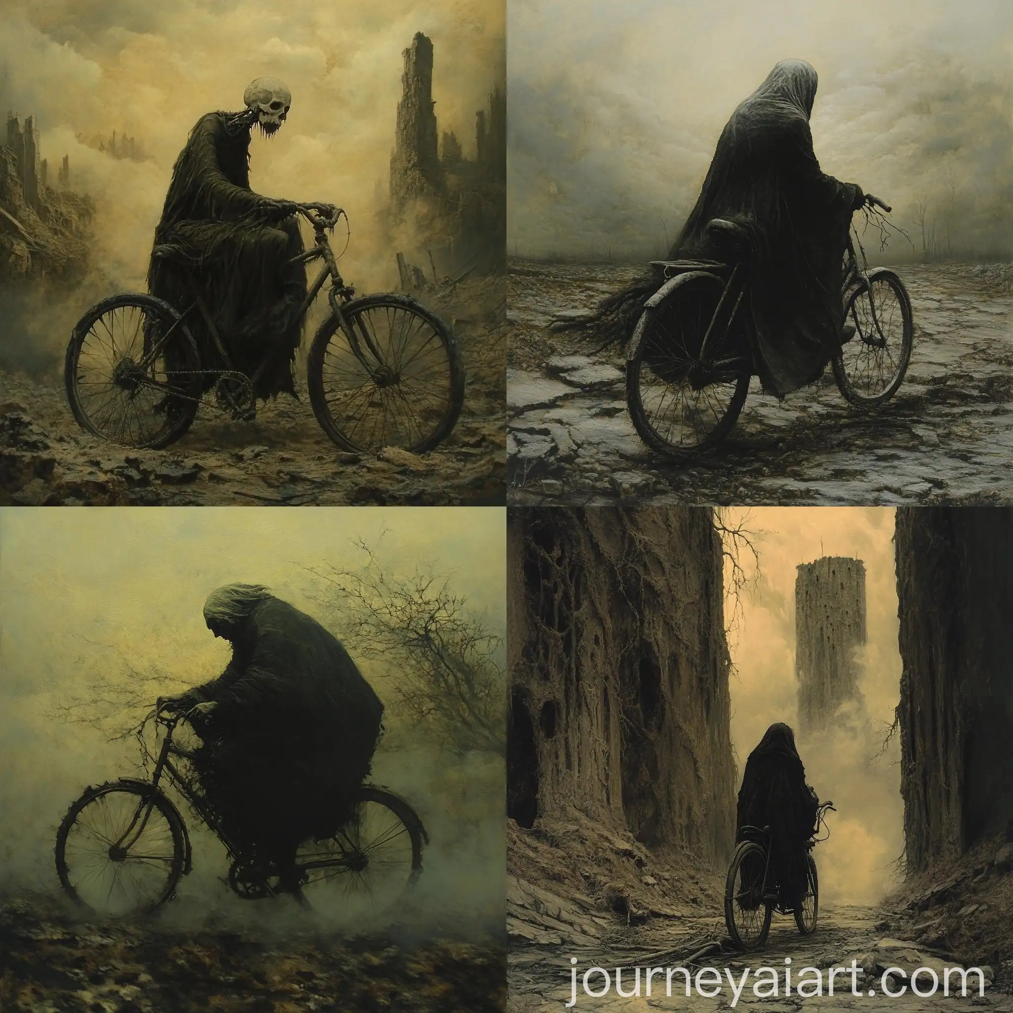 Decrepit-Lady-Riding-Broken-Bike-Grotesque-and-Haunting-Art-by-Beksinski