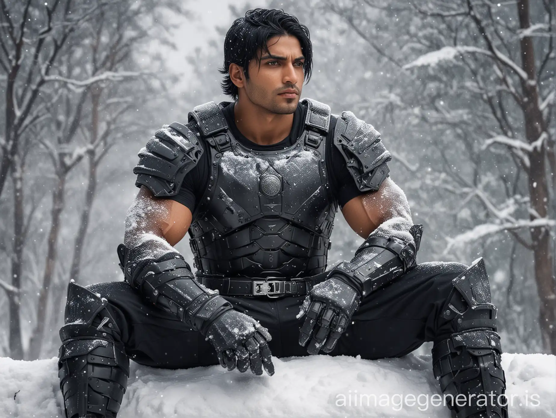 Black hair, Indian male, full muscular body, snow background, realistic, sitting, black body armor, handsome