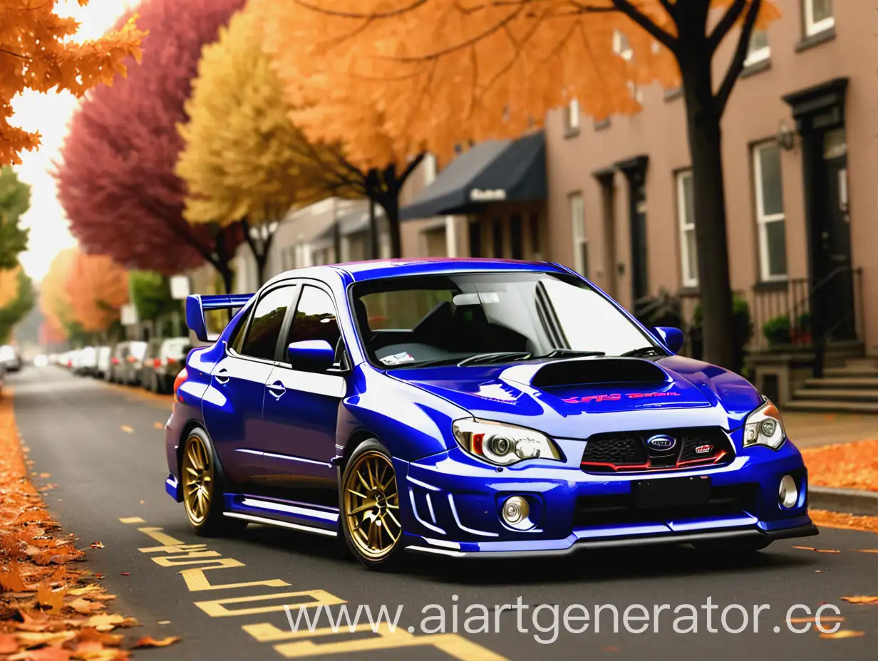 Subaru wrx sti 2005 года выпуска, на улице осень, текст сверху SST , а снизу drag racing