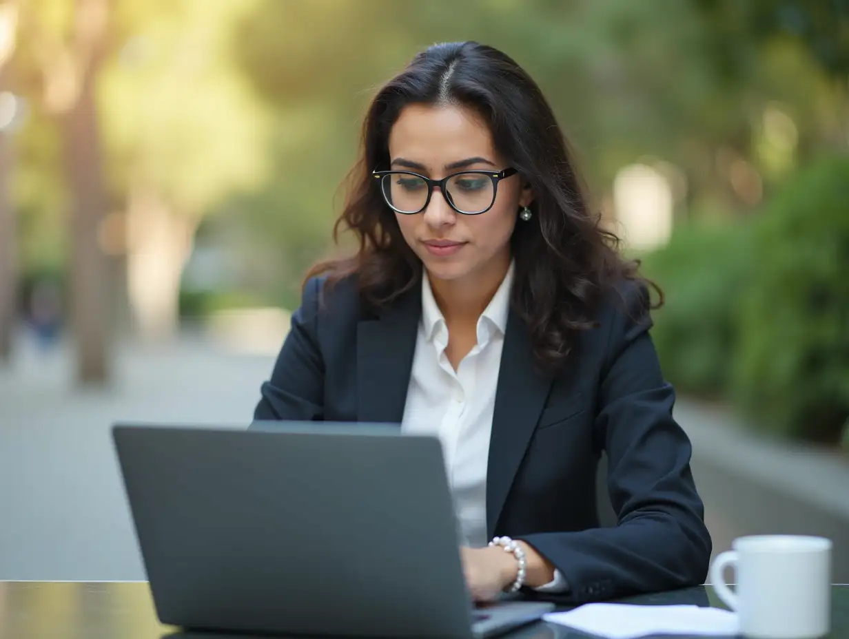 Focused young middle eastern Israel businesswoman using laptop pc online application for work sitting outdoors. Indian or arabic woman manager in business suit doing data base research on computer