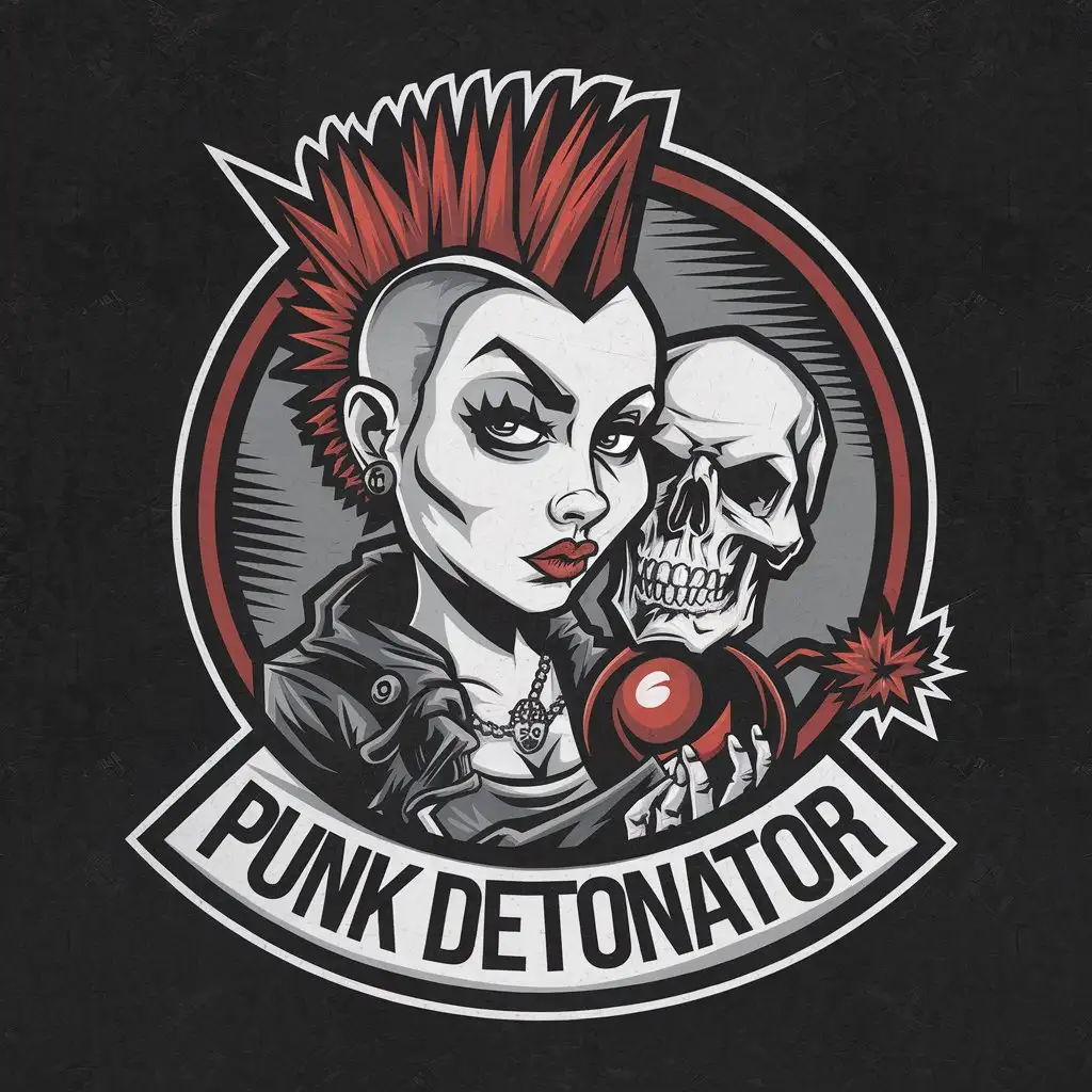 LOGO Design for Punk Detonator Realistic Girl Punk Skull on Black Background