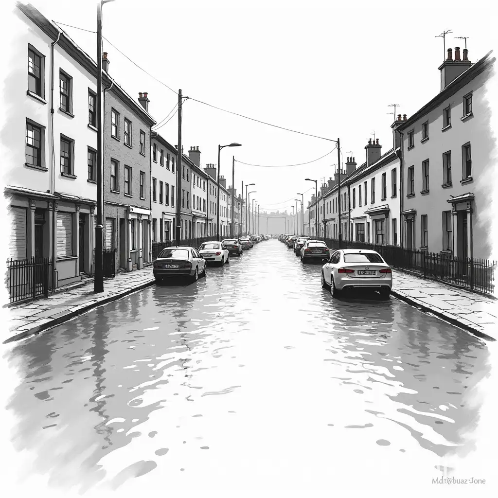 Urban-Flooding-Sketch-Drawing-in-Black-and-White-UK