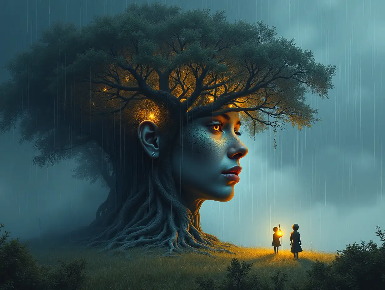 Creating a digital painting of a face with hair turning into a building with silver stone and illuminated trees with roots and lantern and strange beings-aliens on a meadow raining