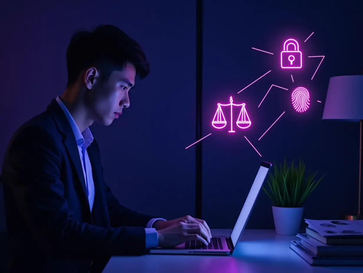 A young, serious-looking professional man in a suit working late at night on a laptop in a modern office. The man is focused on the screen, his hands on the keyboard. The office is dimly lit with a **purple and blue** light, creating a sense of concentration and importance, echoing the color of the provided logo. A series of glowing, stylized icons representing data security, legal services, and financial technology float in the air to his right, connected by neon lines in **purple**, symbolizing a digital network. The icons include a padlock, scales of justice, a document, and a fingerprint. A small green plant and stacks of books sit on the desk nearby. The scene has a clean, professional, and slightly futuristic aesthetic. There is **significantly more empty space on the right side** of the image to allow for text or additional design elements. The camera angle is slightly to the left, showcasing the man and the floating icons while emphasizing the blank space on the right. Digital art, high quality, 8k, realistic.