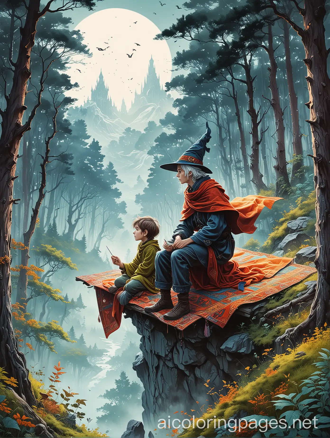 Futuristic-Fantasy-Graphic-Novel-Cover-Old-Witch-and-Boy-on-Flying-Carpet-Over-Forest