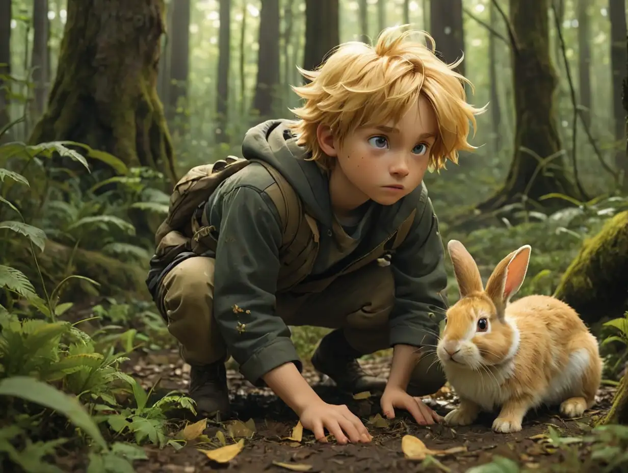 a wide-angle view of a boy with golden hair, crouching down to tend to a wounded rabbit on the ground, in a mysterious forest.