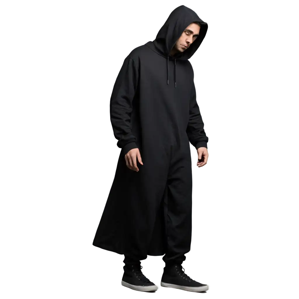 a tall boy dressed in all black with a hood escaping prison
