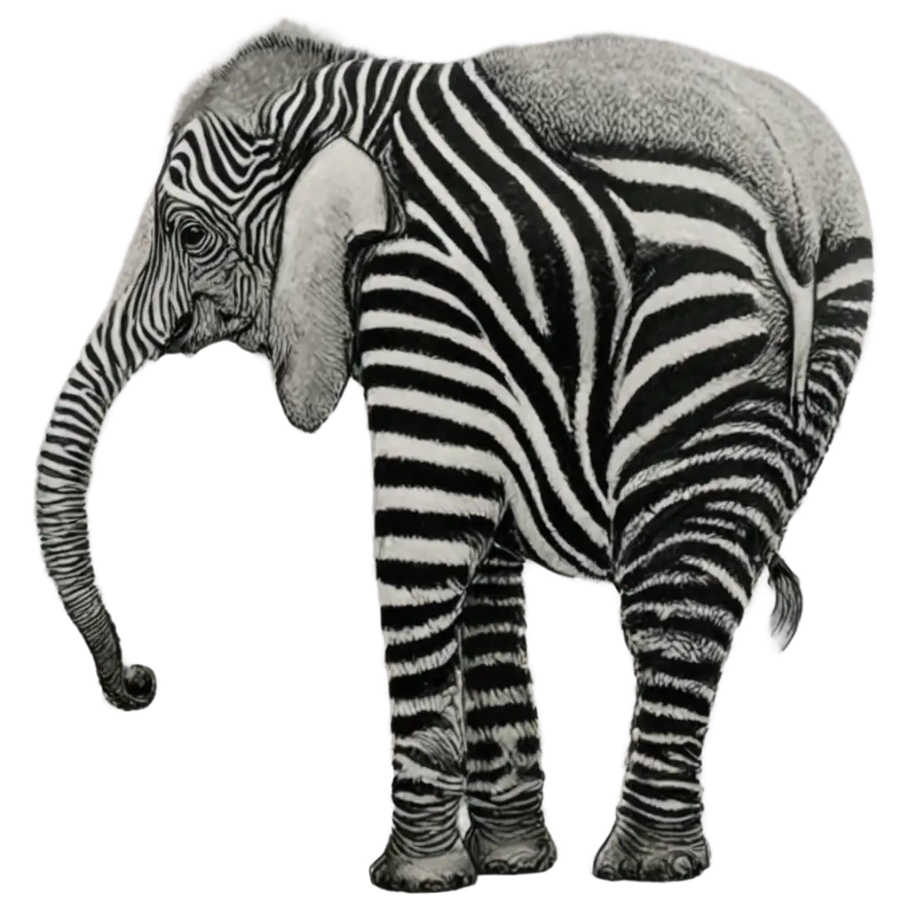 A elephant with horizontal black and white stripes on a small tree