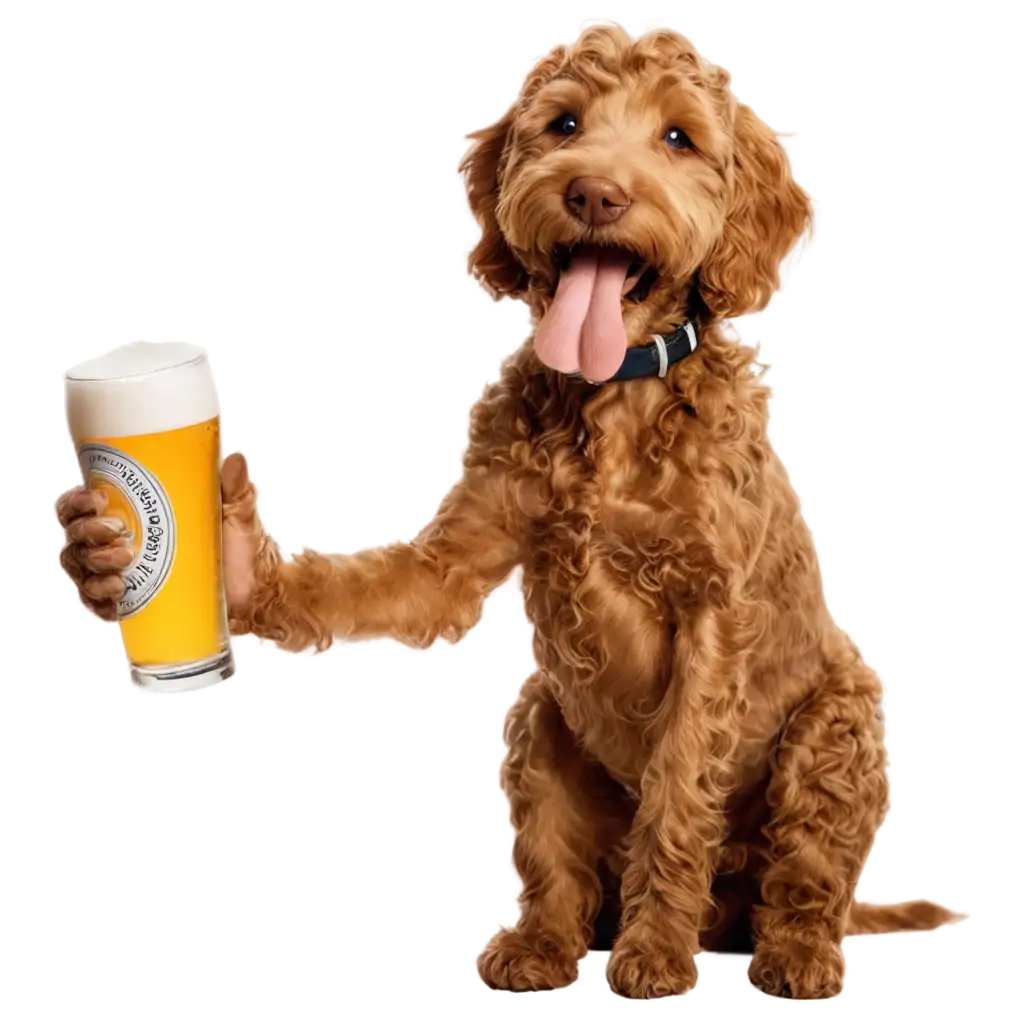 A ginger cockapoo drinking beer