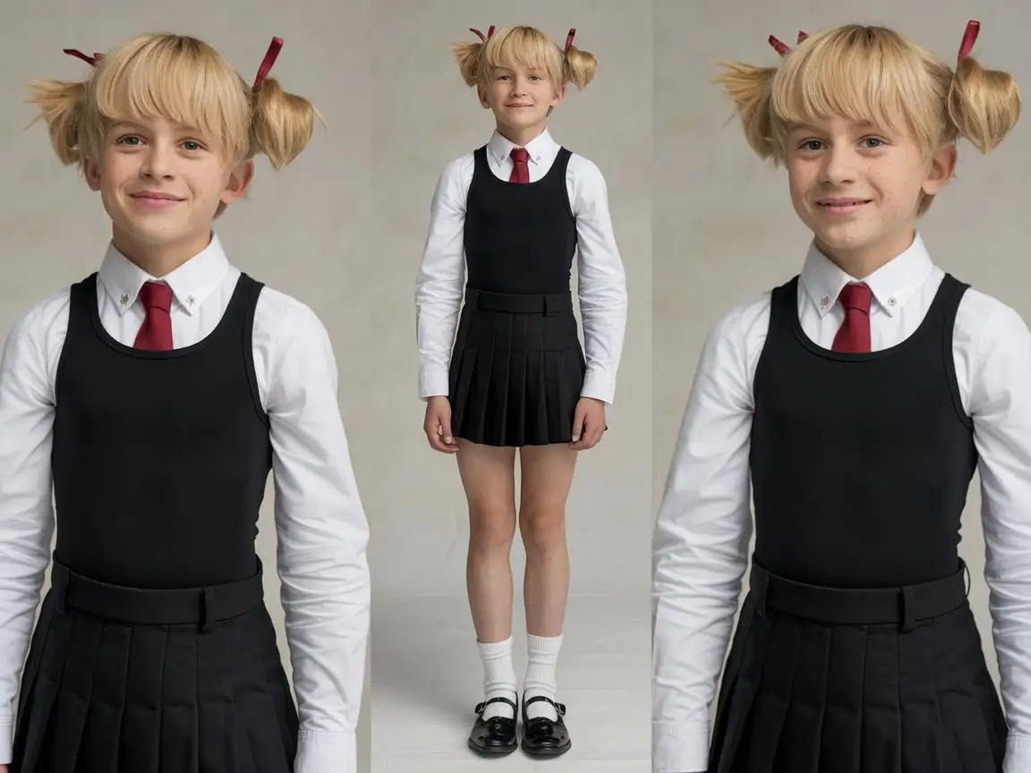 thin 15 year old blond boy in a tight black tank leotard and short black pleated skirt.  He wears a white formal shirt with red tie underneath.  He has bare legs and black Mary-Jane shoes and white socks.  Hair in two bunches tied with red ribbons,  He is smiling at the camera.