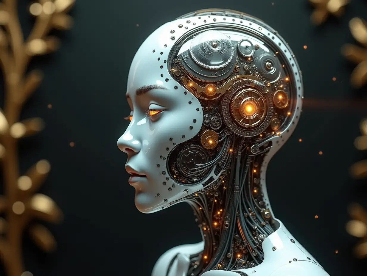 Create a high-resolution, realistic image of an artificial intelligence with gears on the cheeks and a glass head with visible silver brain with many gears, fiber optic cable bundles at the neck, LED lit face 3d 4k resolution with background gold and silver ornaments background