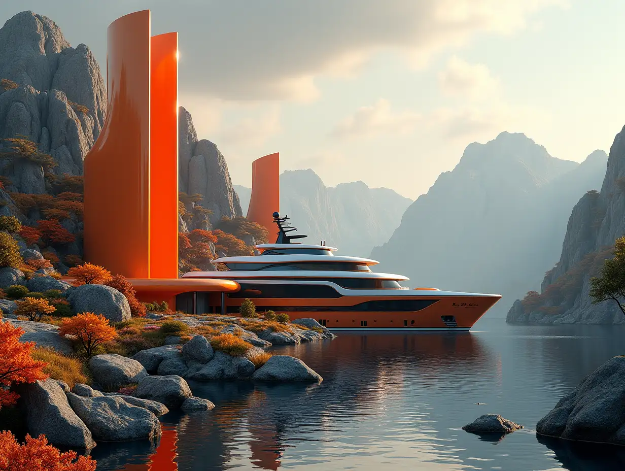 Create a high-resolution realistic image in 4k resolution a futuristic Orange with black Building with curved pillars, Mountains large Trees, rocks Flowers a futuristic very large Yacht with Glass sky bewölkten Himmel