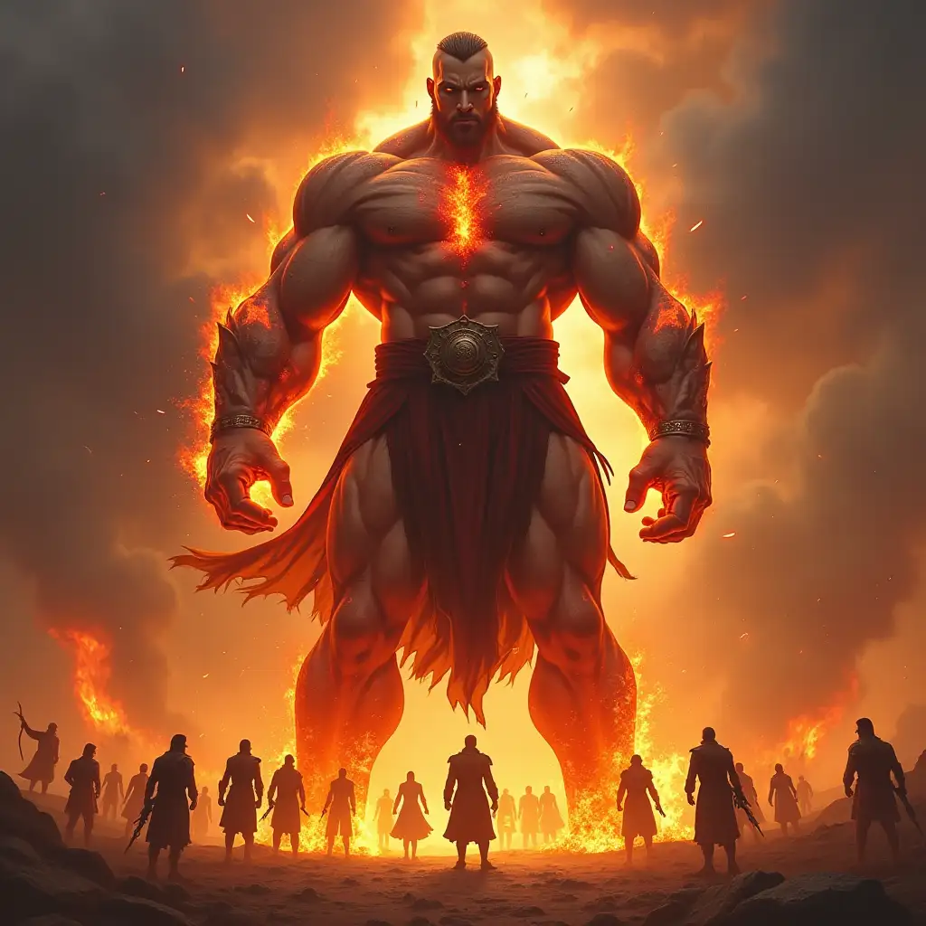 Man titan large muscles,fire skin,in medieval  10 meters tall,able to hold many people