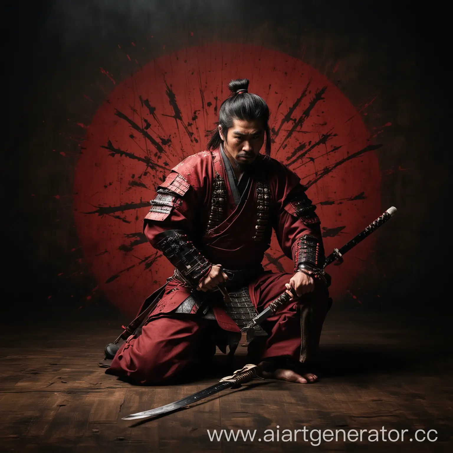 Japanese-Samurai-Kneeling-with-Sword-Shot-by-Arrows-in-DarkRed-Scene