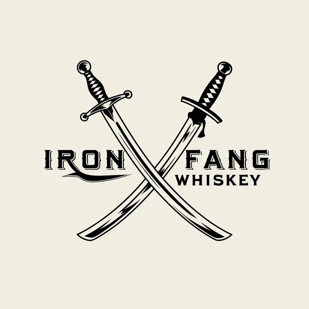 LOGO Design for Ironfang Whiskey Two Blades with European Long Sword and Japanese Katana Crossing